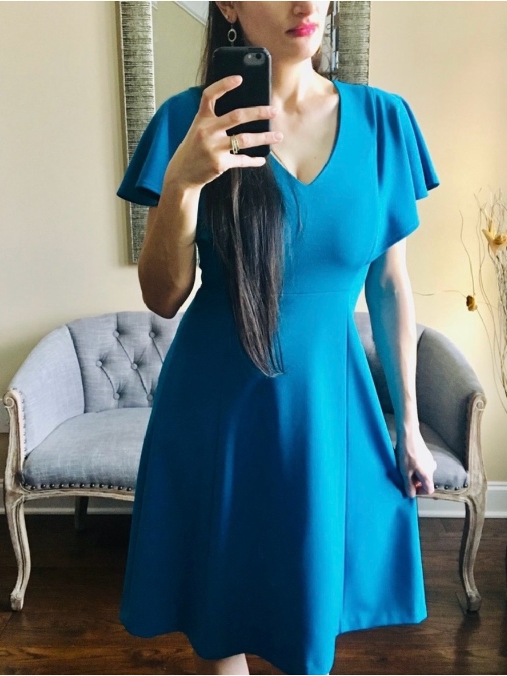 Calvin Klein Teal Blue Flutter Sleeve Fit & Flare Dress Size 2 NWT